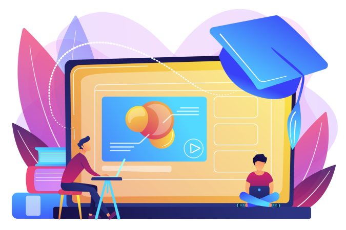 Students using e-learning platform video on laptop and graduation cap. Online education platform, e-learning platform, online teaching concept. Bright vibrant violet vector isolated illustration